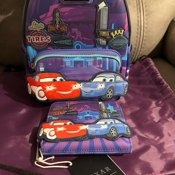 NWT Loungefly Disney Pixar Cars Backpack and Wallet - Purple and Red